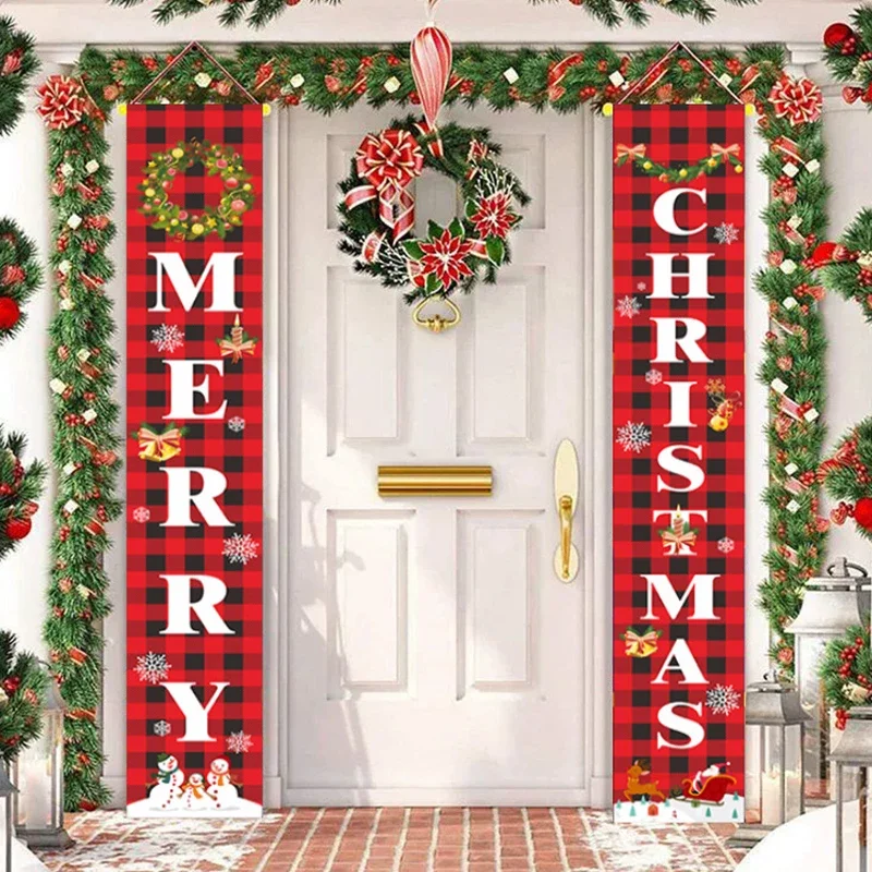 SDJ-E-30*180cm 2024 New Christmas Banner Couplet Background Red Plaid Christmas Holiday Party Courtyard Decoration Flag