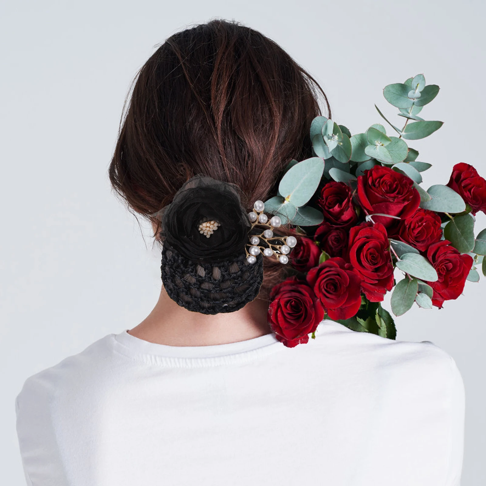 

Flower Hair Accessories Fabric Silk Yarn Simple Red Thick Mesh Net Pocket Head Clip Bun Cover Nurse Teen One word