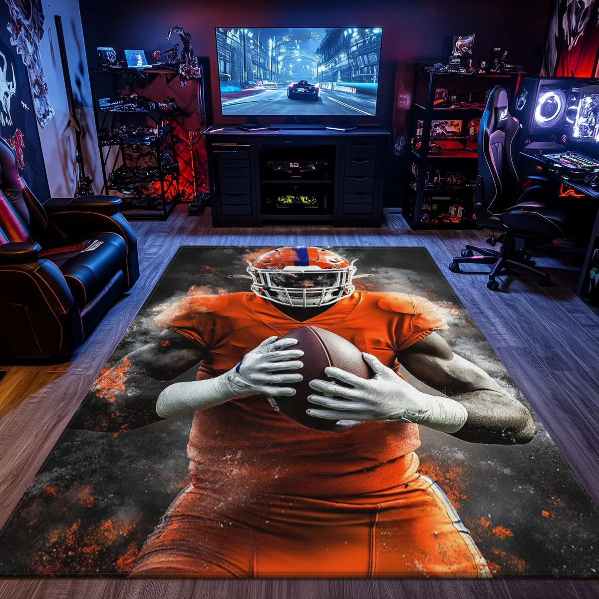 Football player action sports design rug game room carpet vibrant orange jersey football theme floor mat for gaming fans and