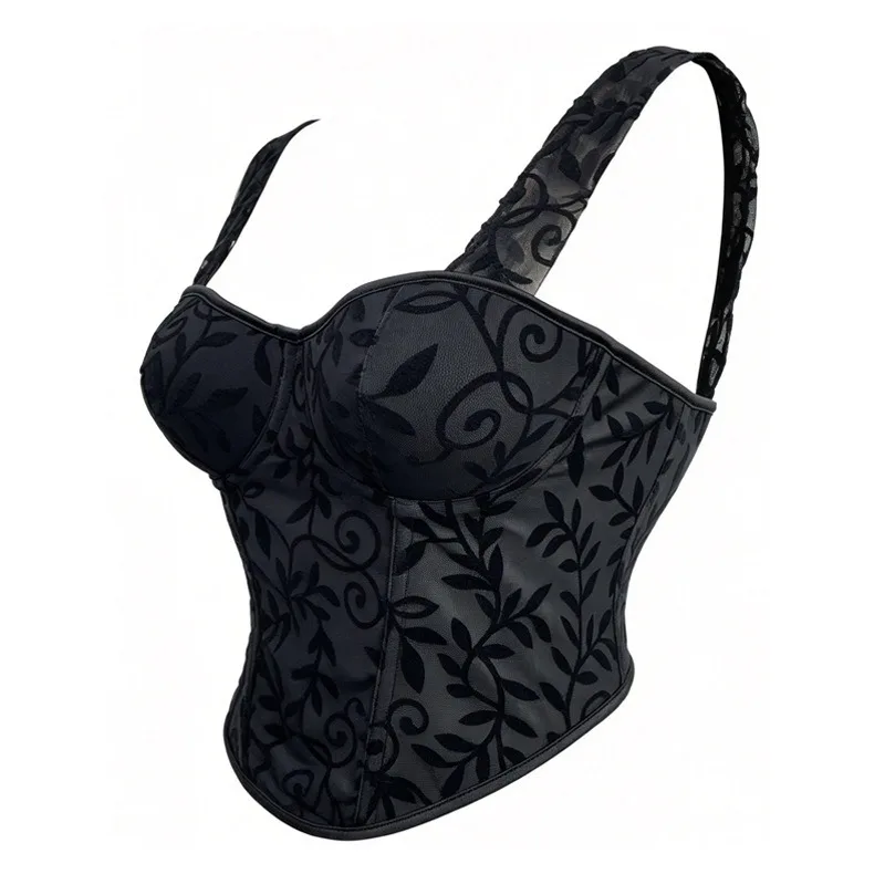 Vintage Floral Flocked Corset Sweetheart Neck Adjustable Straps Back Lace Up Body Shaper