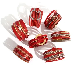 ALLYES Vintage Red Leather Bracelets for Women Girls Pearls Geometric Heart Circle Charm Wrap Bracelet Valentine's Day Jewelry
