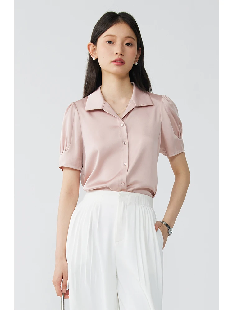 ZIQIAO Satin High-quality Improved Puff Sleeve Shirt for Women 2024 Summer Newly Office Lady Commuter Short-sleeved Top Female