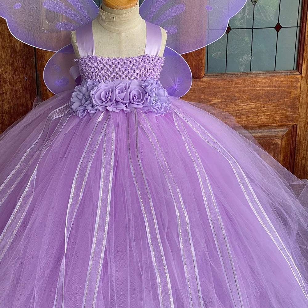 Girls Lavender Fairy Dress Kids Crochet Flower Tutu Dress Ball Gown with Butterfly Wing Children Birthday Party Costume Dresses