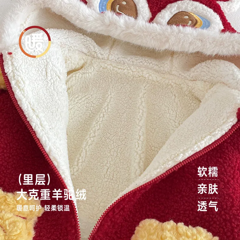 Baby Velvet New Year's Clothing 2025 New Winter Baby Hooded Festive Climbing Clothes Newborn Chinese Style Clothes