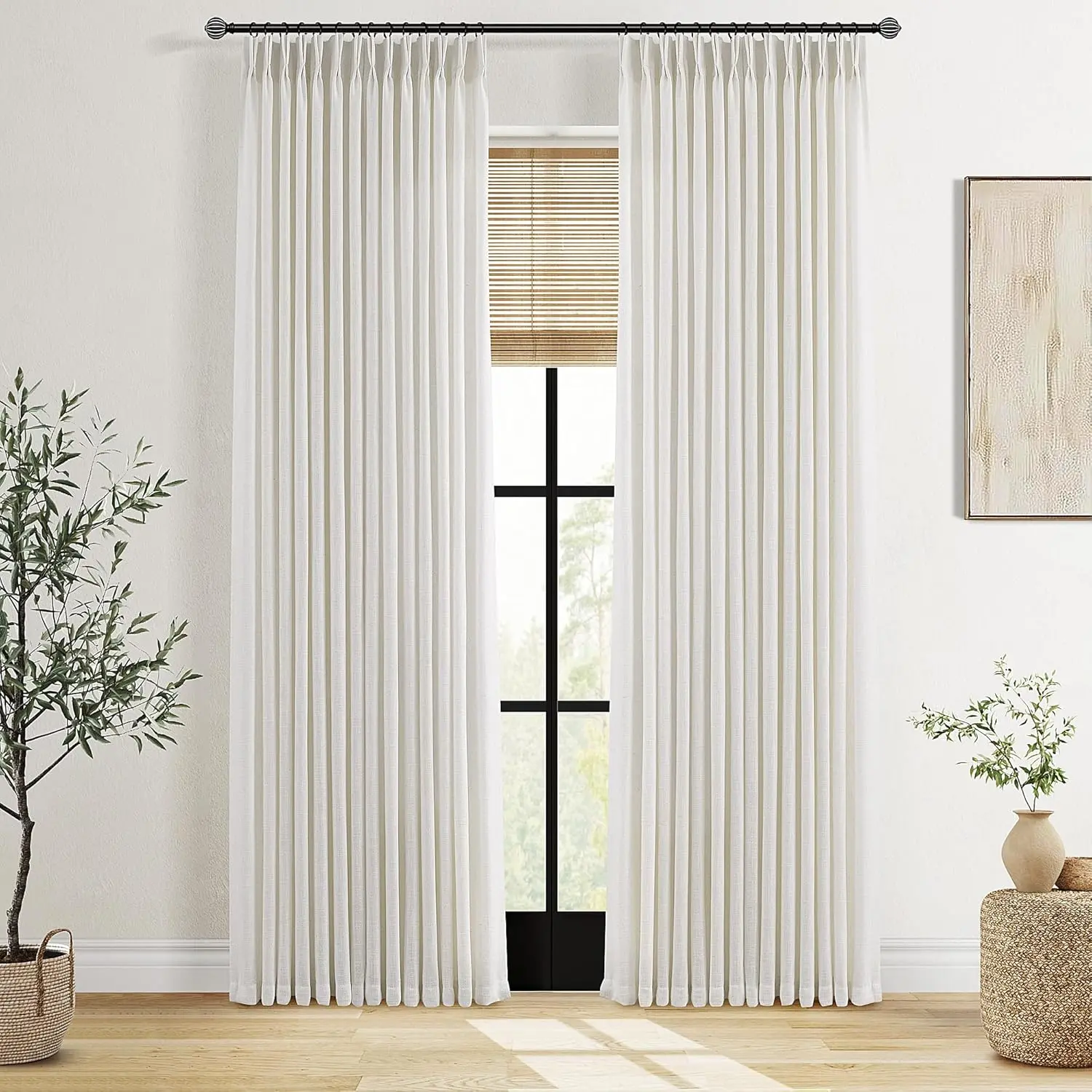

Thick Linen Curtains 96 Inch Pinch Pleat 2 Panels for Living Room Bedroom Semi Sheer Light Filtering Ivory