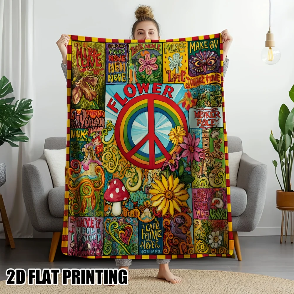 1pc 2D Digital Print Vintage 60s/70s Hippie Blanket - Soft Flannel for All-Season Warmth, with Psychedelic Peace Signs, Floral P
