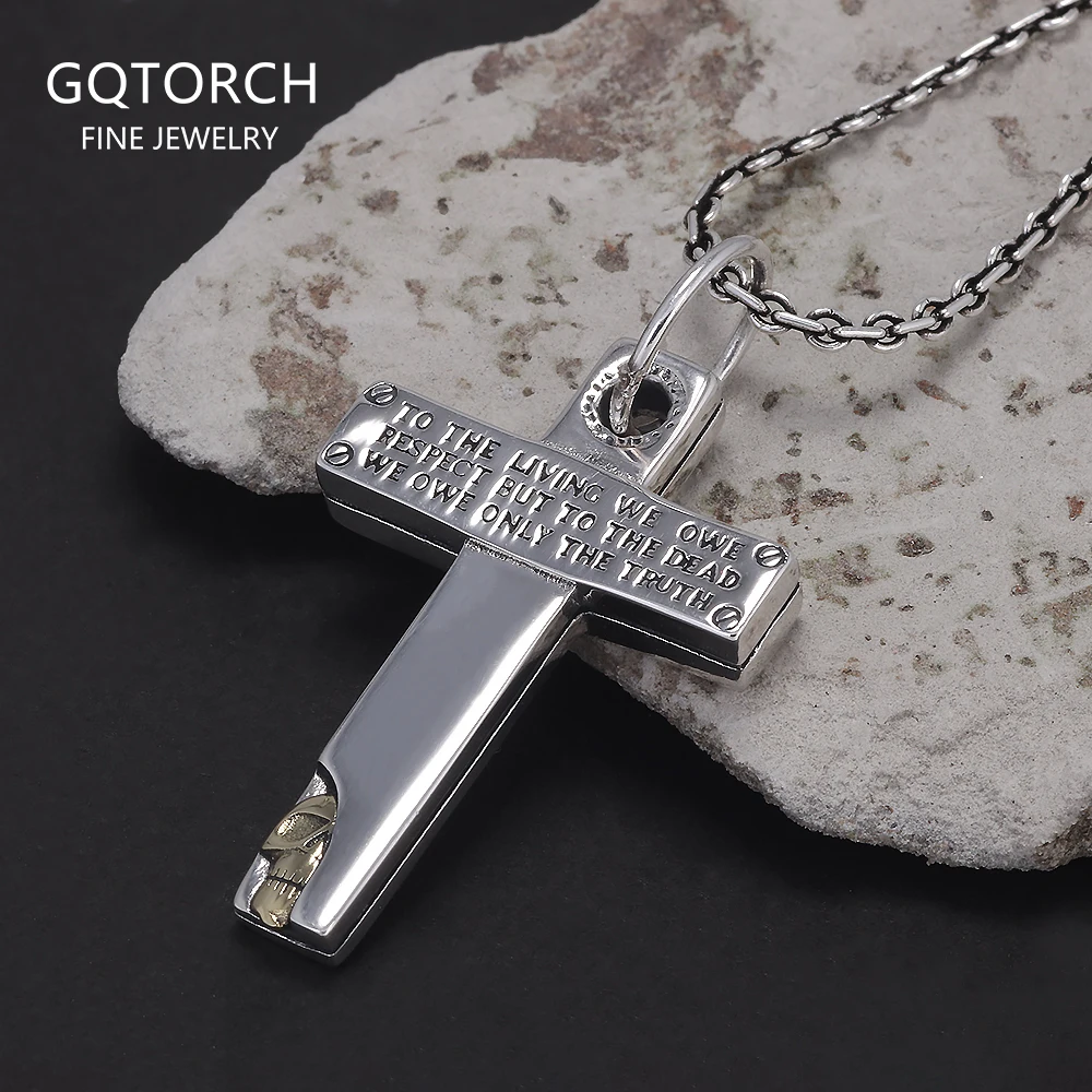 

925 Sterling Silver Cross Pendant Necklace Skull Link Chain Respect & Truth Voltaire Quote Necklace Punk Retro Hip Hop Jewelry