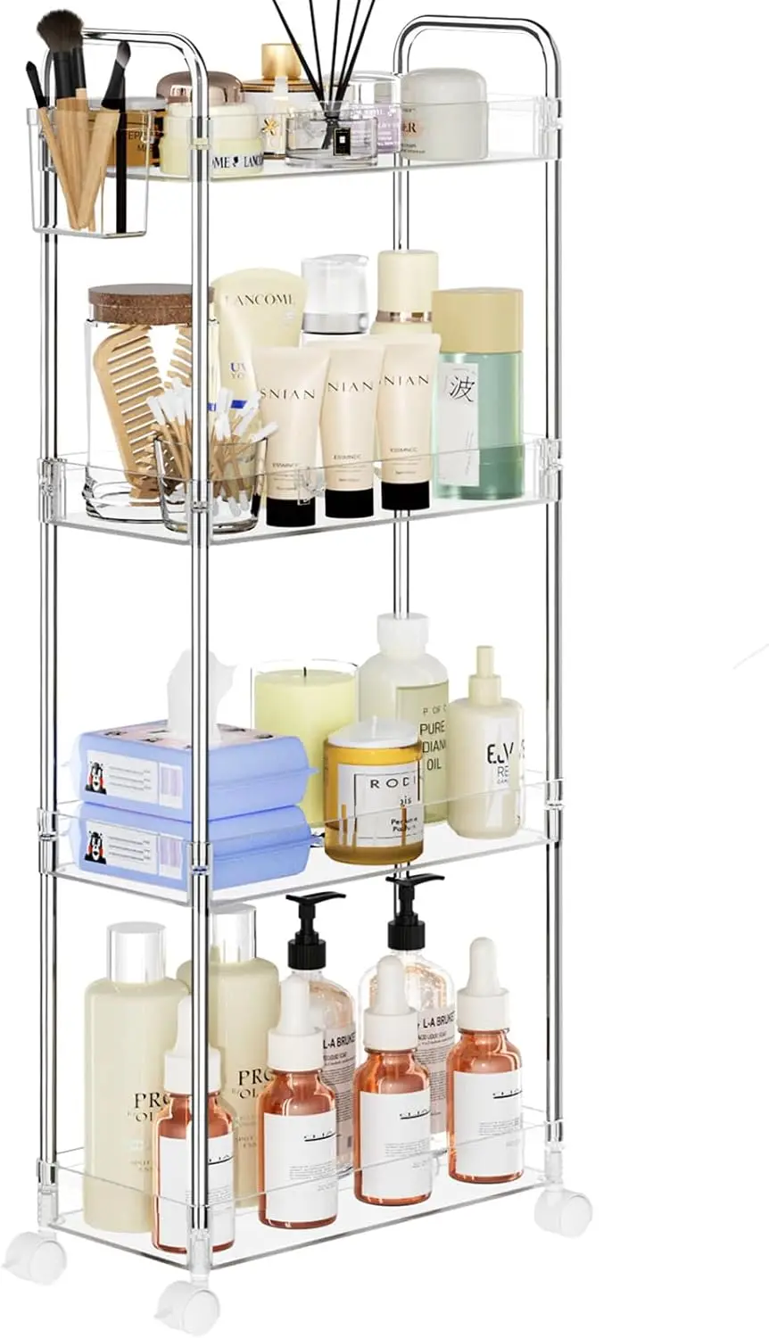 

4-Tier Clear Acrylic Rolling Storage Cart with Adjustable Shelves, Multifunctional Organizer for Bathroom, Office, Living Room
