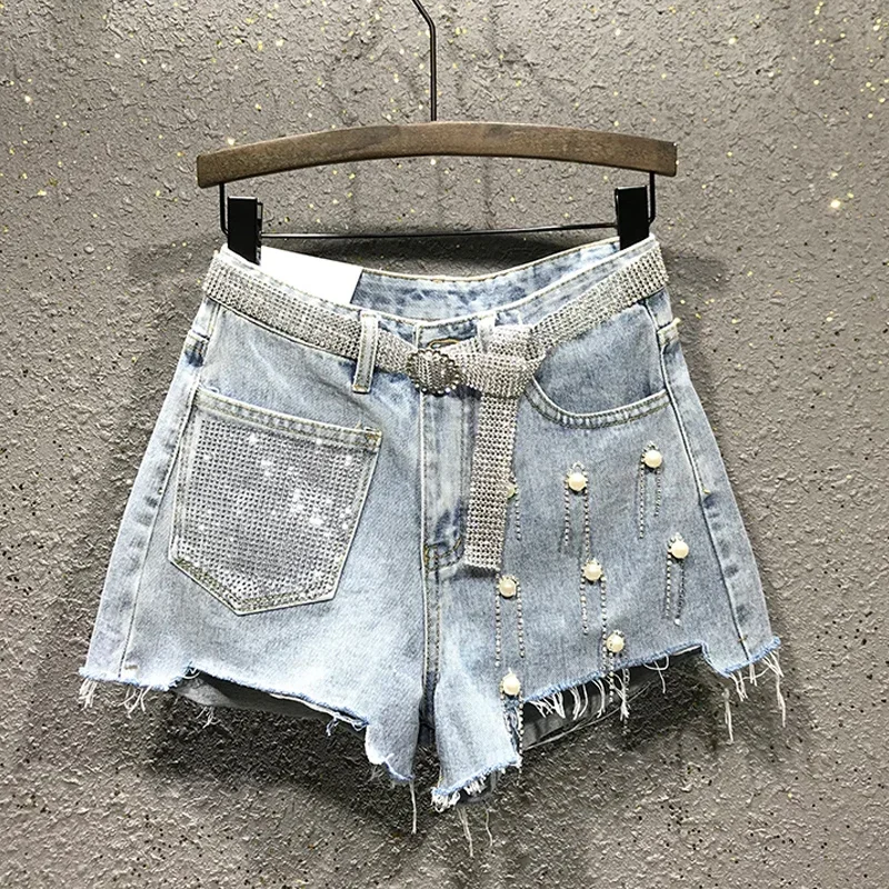 Summer Ladies Womens High Waisted Rhinestone Tassel Ripped Irregular Blue White Denim Shorts  Woman Korean Jeans Shorts