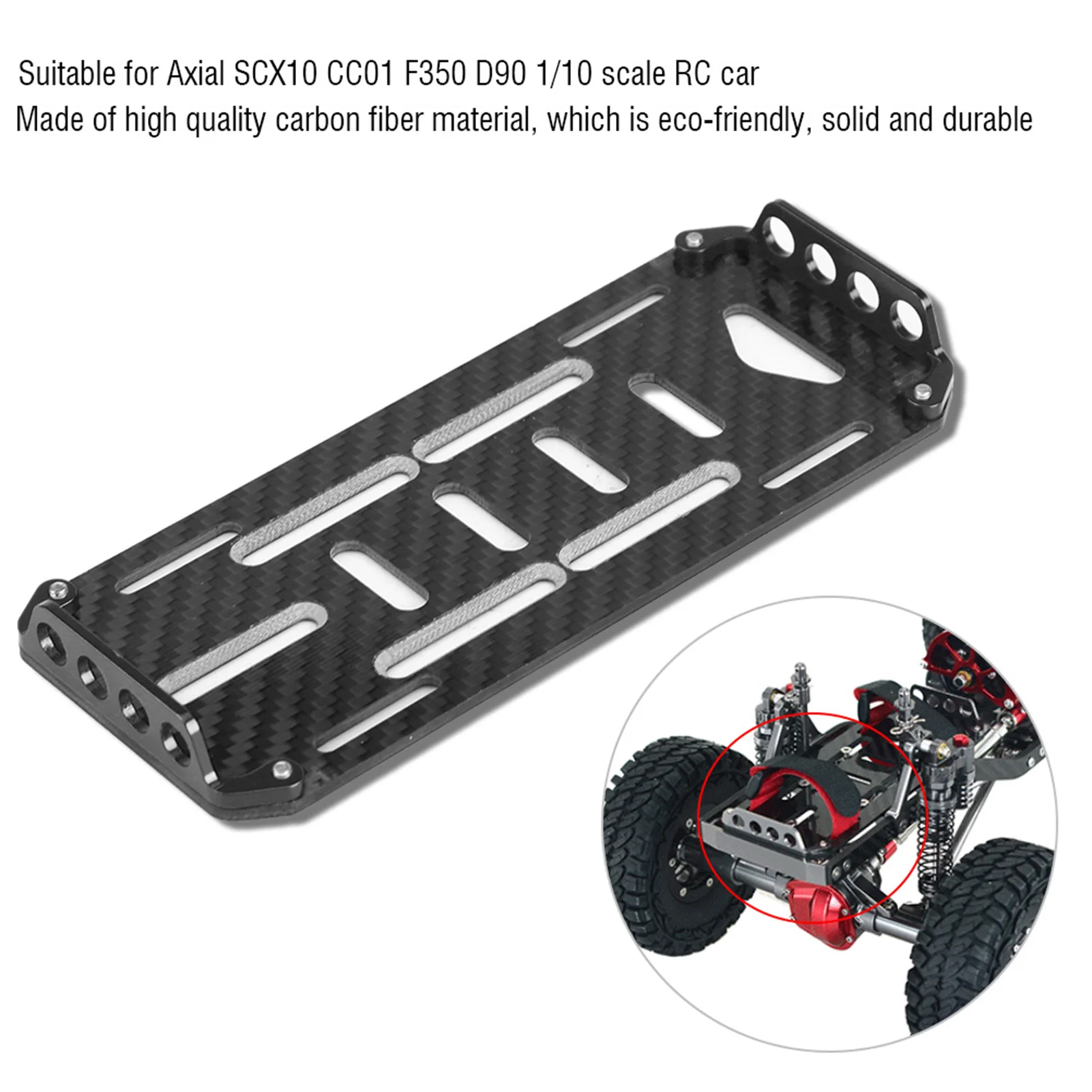 

Aluminum Alloy Carbon Fiber Battery Mount Plate for 1/10 RC Cars Compatible with Axial SCX10/CC01/D90 Secure Battery Fixing