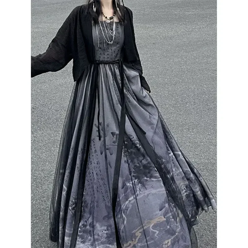 2024 Summer Improved Chinese Traditional Black Printed Hanfu Dress Two Piece Set Women Gothic Modern Halloween Cosplay Costume