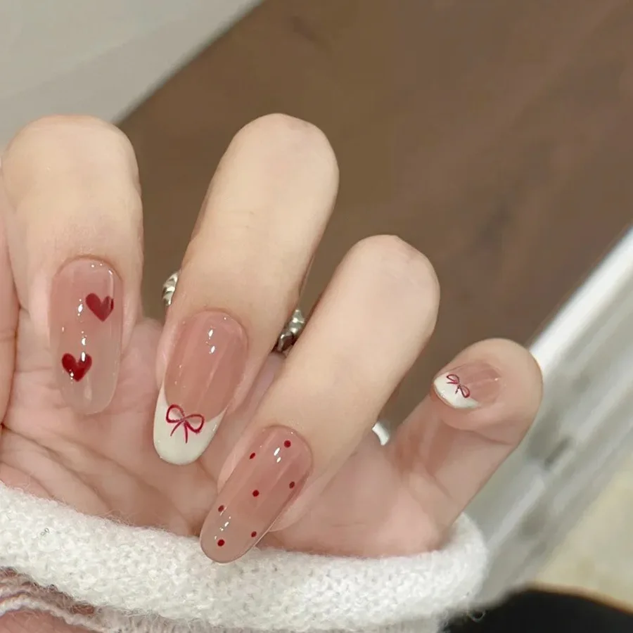 24pcs Sweet Polka Dot Nails Tips Almond Bow Rhinestone Stick on Press on False Nails Set Cat's Eye Reusable Full Cover Fake Nail