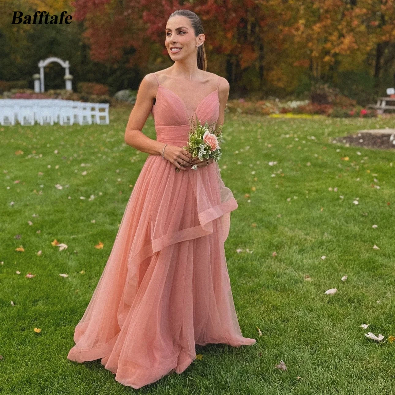 

Bafftafe A Line Tulle Long Prom Dresses Customized Spaghetti Straps Evening Gowns Ruffles Special Formal Occasion Party Dress