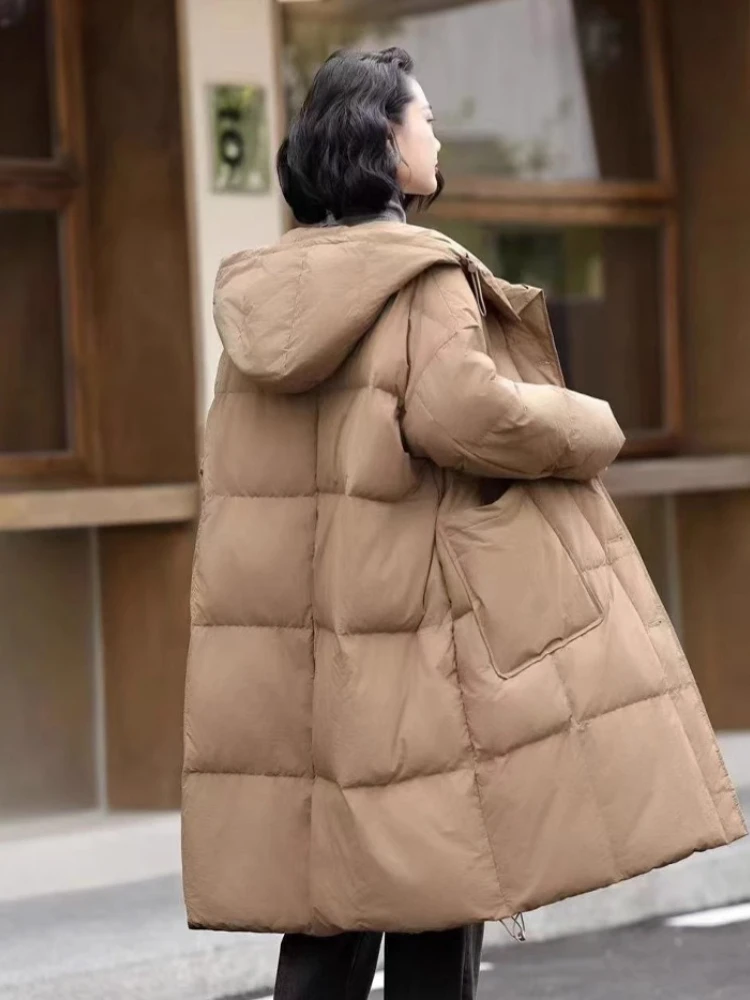 2025 nueva chaqueta de talla grande Parkas largas de moda para mujer invierno suelto grueso cálido 90% plumón de pato blanco prendas de vestir exteriores