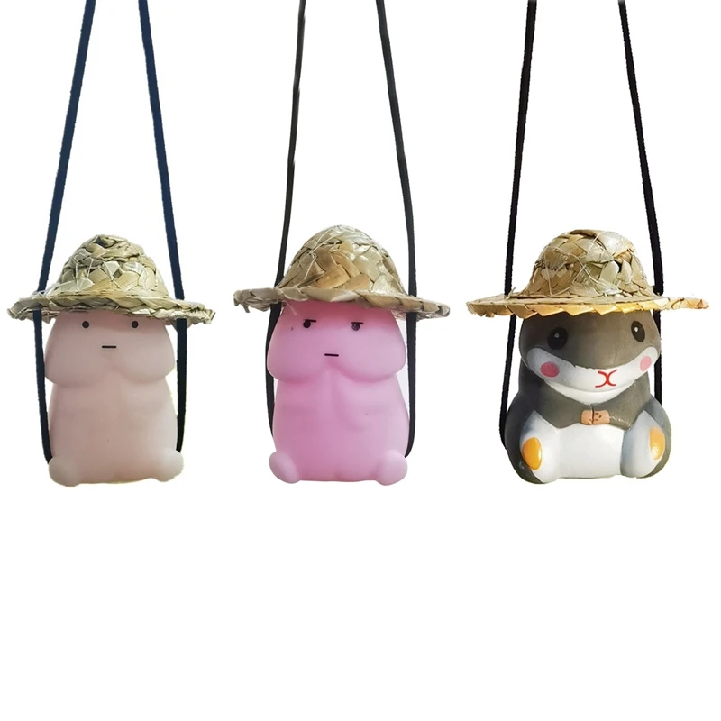 3PCS Interesting Swinging Straw Hat Cartoon Pendant Car Hanging Ornament For Rear View Mirror Car Pendant Hanging Swing