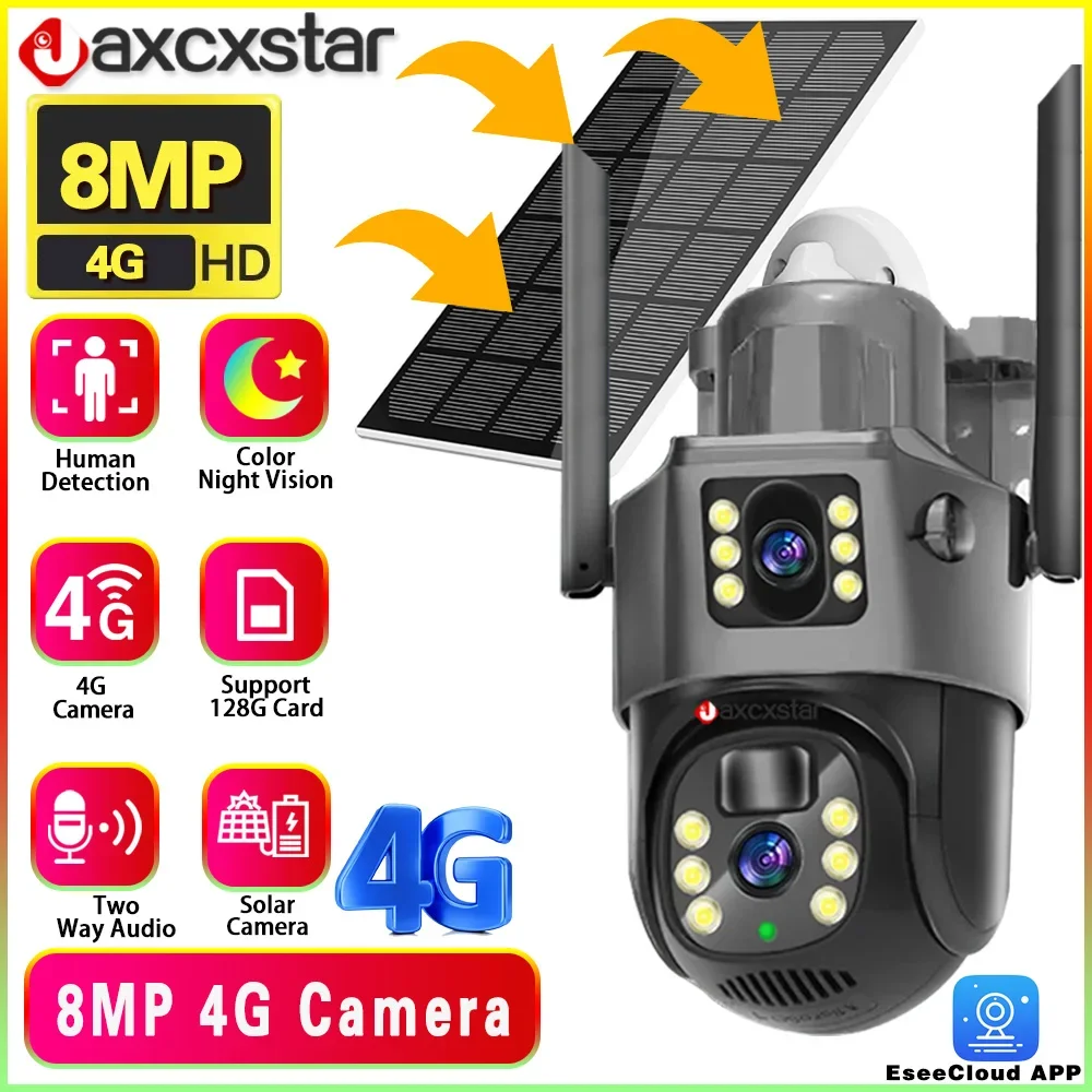 

Solar Camera Free 4G Sim Card 4K 8MP Dual Lens Outdoor AI Auto Tracking Solar Panel PIR Human Detection Two Way Audio CCTV Cam