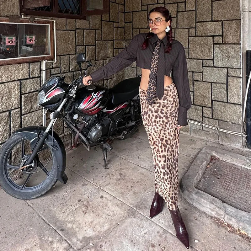 Women Leopard Tulle Midi Skirt Summer Fashion High Waist Elasticated Waistband Long Skirts Streetwear
