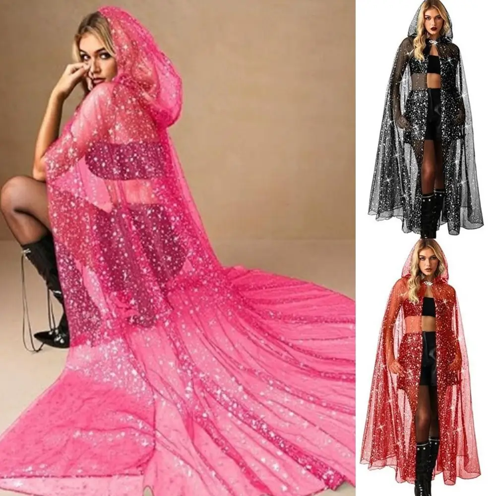 

New Design with Oversized Hood Star Tulle Cape Lace-up Black Color Long Sheer Hooded Cloak Vintage Halloween Hooded Cloak