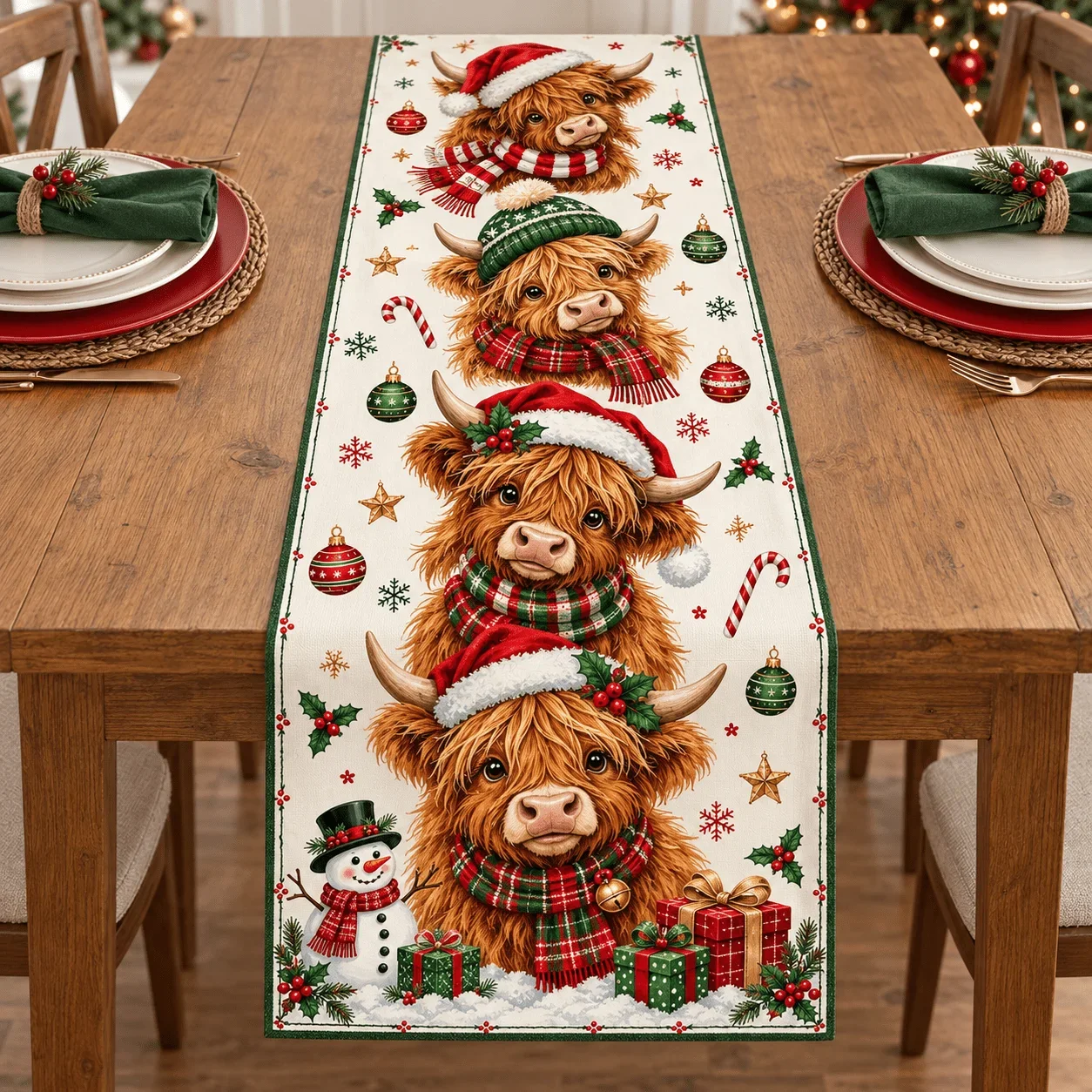 1 table flag, one shop has a Christmas atmosphere! Polyester Christmas Highland cattle print table flag