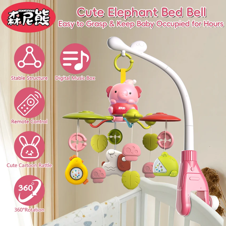 Sennixiong bebê montessori elefante cama sino música elétrica rotação luz da noite infantil chocalho criança brinquedo sensorial para crianças