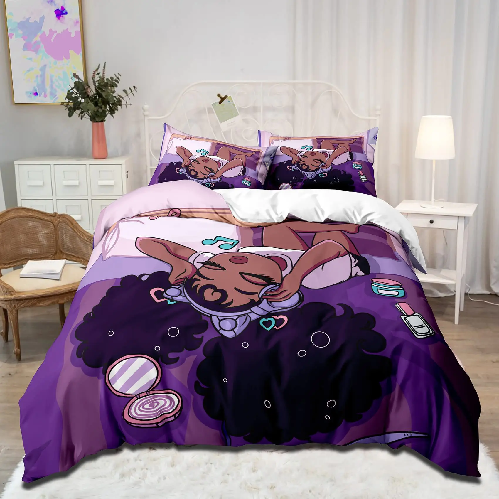 

Cute African American Black Girl Duvet Cover for Girls Kids Purple Cartoon Afro Girl Comforter Cover Queen 3D Print Bedding Sets