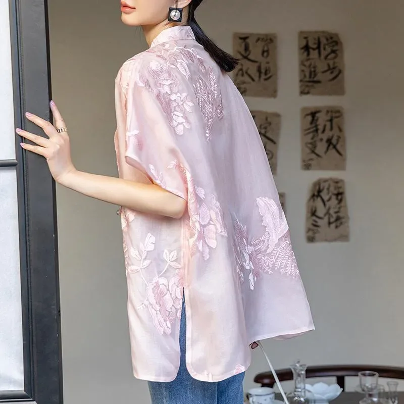 Chemisier ample Vintage pour femmes, Style chinois, broderie florale, col montant, bouton grenouille, chemises fines à manches courtes, nouvelle collection été 2025