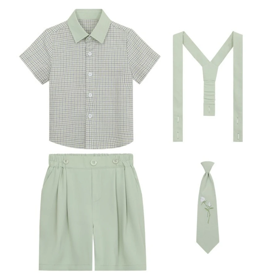 Teen Boys Casual Preppy Outfit Plaid Shirt Suspender Shorts with Embroidered Tie for Daily Wear School Photoshoot Party Suit Set