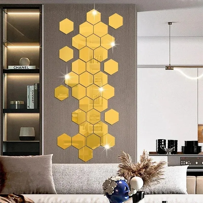 12 Stuks Zeshoek Spiegel Muurstickers Zelfklevend Verwijderbare Muursticker Goud Zilver Mozaïek Tegels Stickers Slaapkamer Home Decor