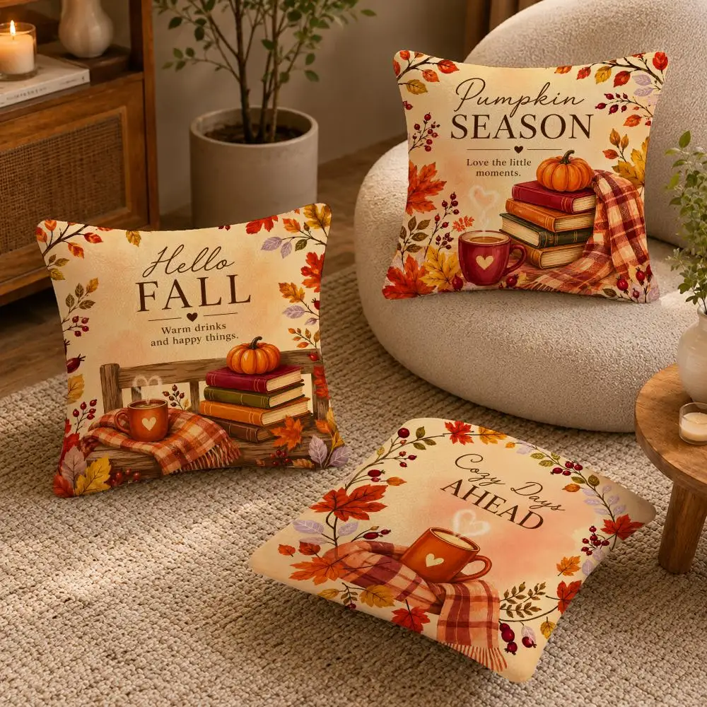 Autumn Maple Leaf Pumpkin Cushion Cover Soft Short Plush Pillow Case Double Sided Print Washable Sofa Bed Home Decor Gift