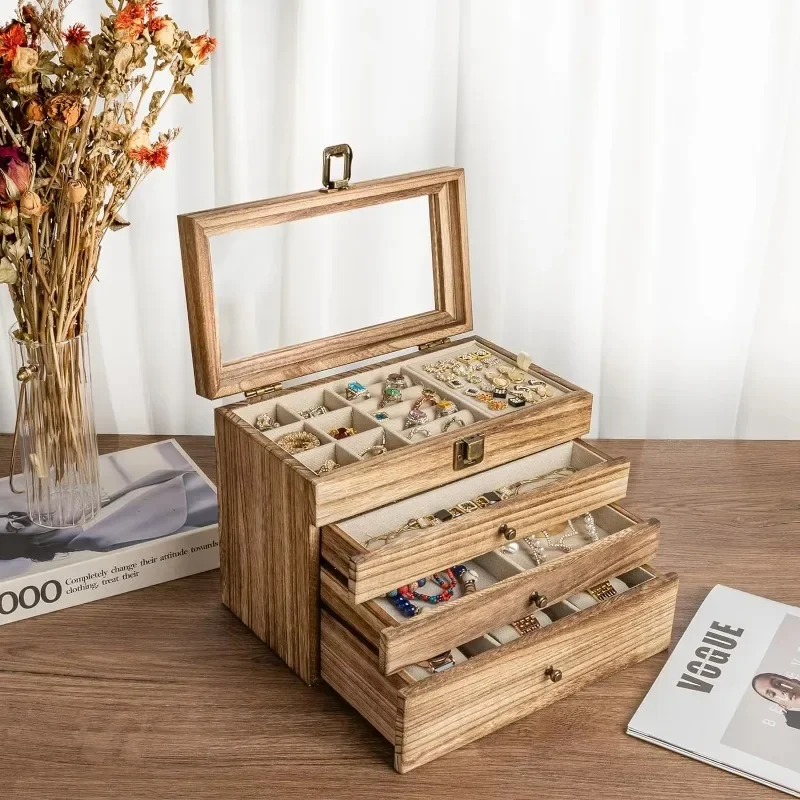 Larger Glass Top wooden Display Box jewelry wooden gift box luxury jewelry storage wooden box