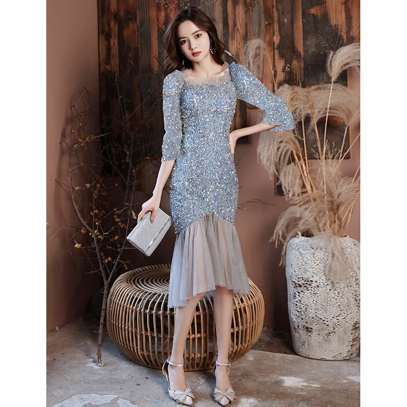 

Blue Sequin Evening Dr 2025 High-End Tailored Fi-Tail Luxury Adult Formal Wear Polyester Fiber Mid-Waist Zipper Sle