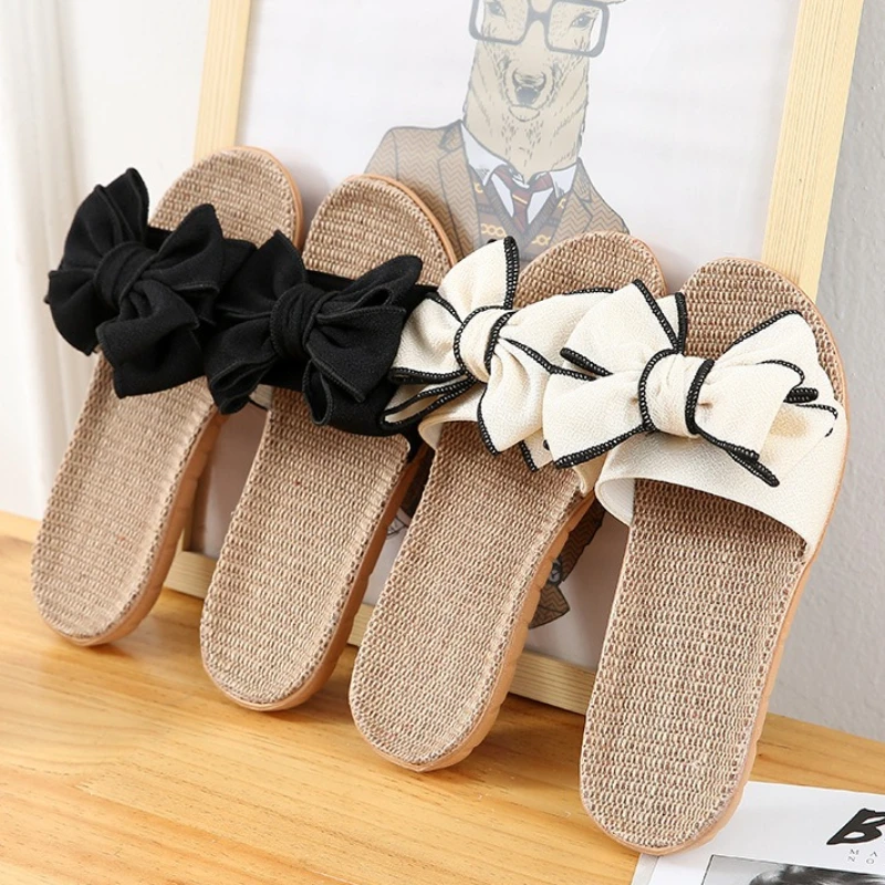 Cute Bow Kot Breathable Linen Indoor Slippers For Women House Shoes Anti-slip Light Weight Open Toe Girls Home Floor Slides