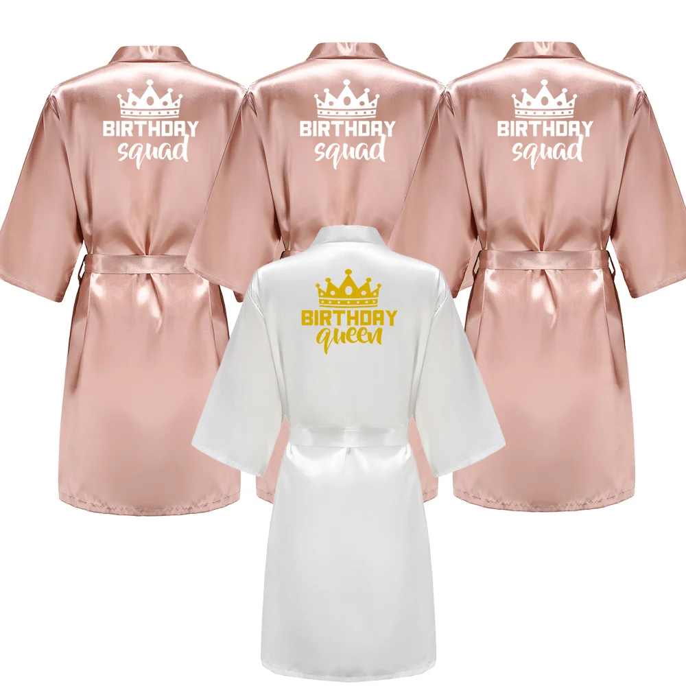 Birthday Party Queen Squad Robes Satin Pamas Dressing Gown White Writing Kimono Bathrobe