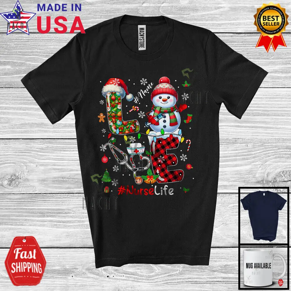 

LOVE Nurse; Lovely Christmas Custom Name Snowman; Jobs Family T-Shirt