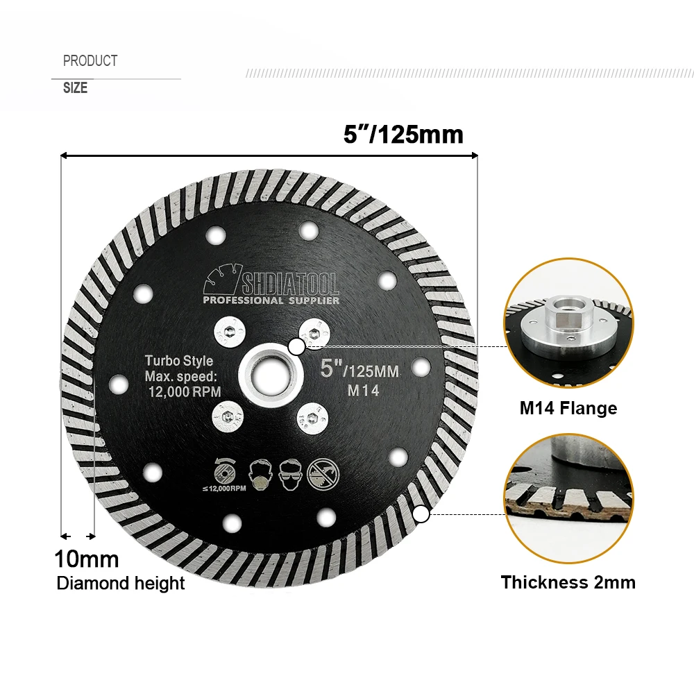 SHDIATOOL 1pc 125mm Diamond Turbo Saw Blade M14 Flange Cutting Disc Granite Marble Hot Pressed 5inch Diamond Cut Plate Masonry