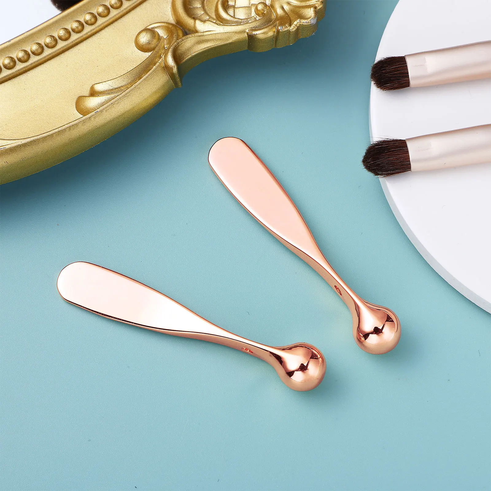 

2pcs Cream Spoon Massage Tool Rose Gold Zinc Alloy Portable Spatula For Eye Face Edema Reduction Eye Stick Skin Care