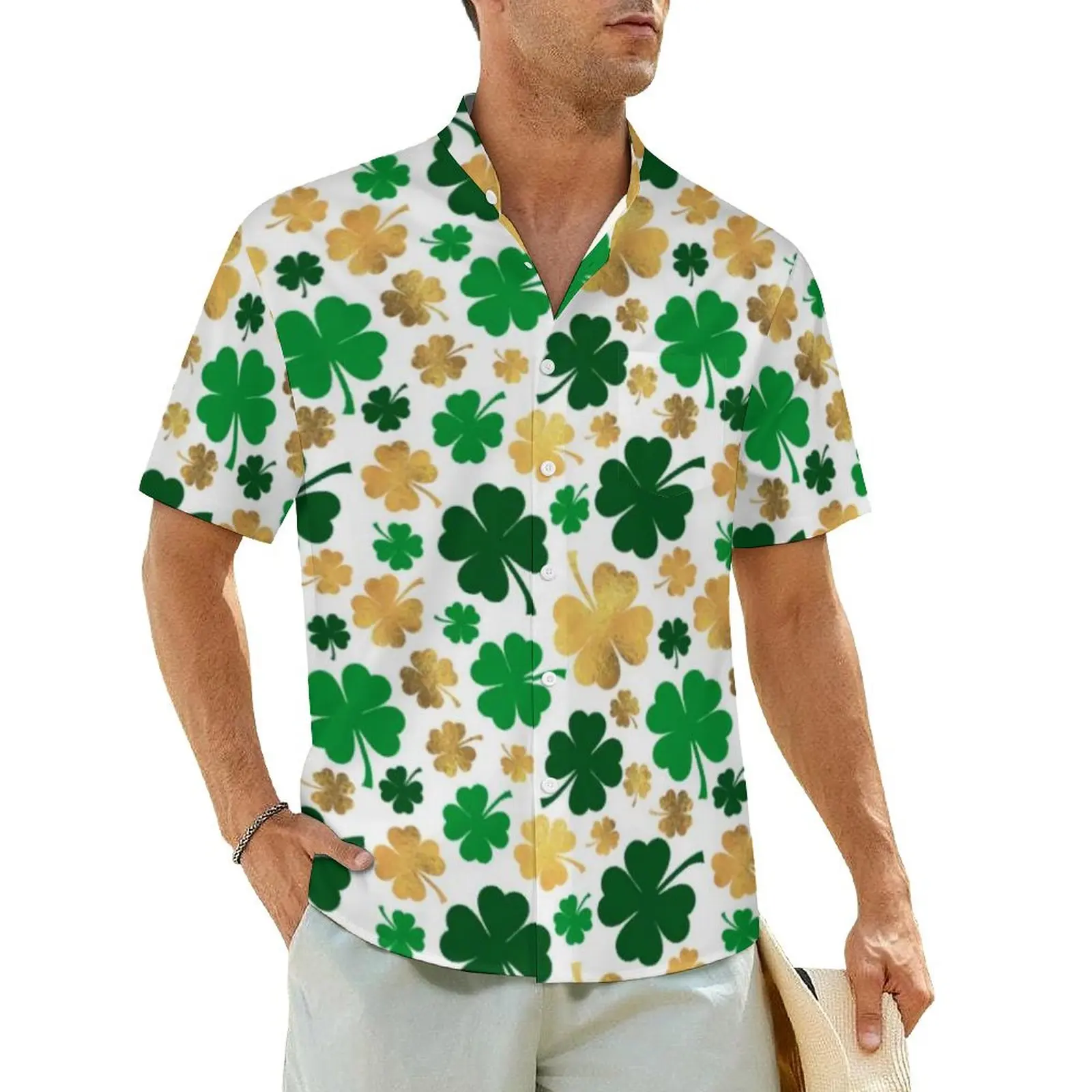 

Hawaiian Shirt Beach St Patrick's Day Blouses Lucky Gold Green Four Leaf Clover Shamrock Man Short Sleeve Trendy Casual Shirts