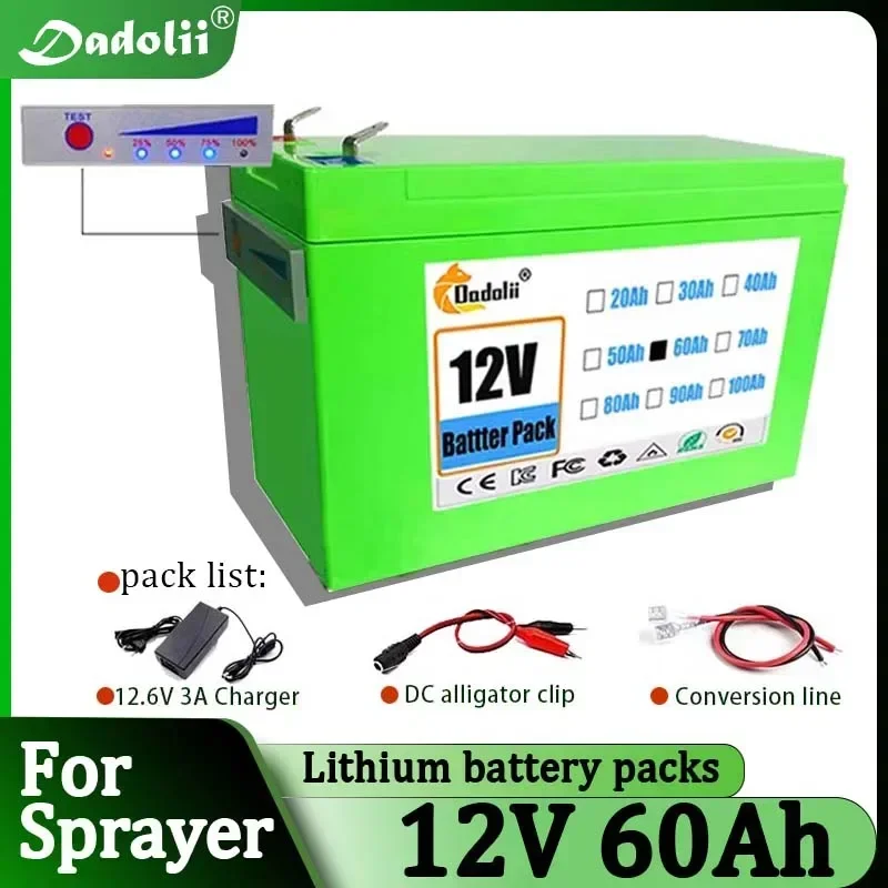 

NEW Sprayers 12V 60Ah Built-In High Current 30A BMS 18650 Lithium Battery Pack For Electric Vehicle Batterie 12.6V Charger