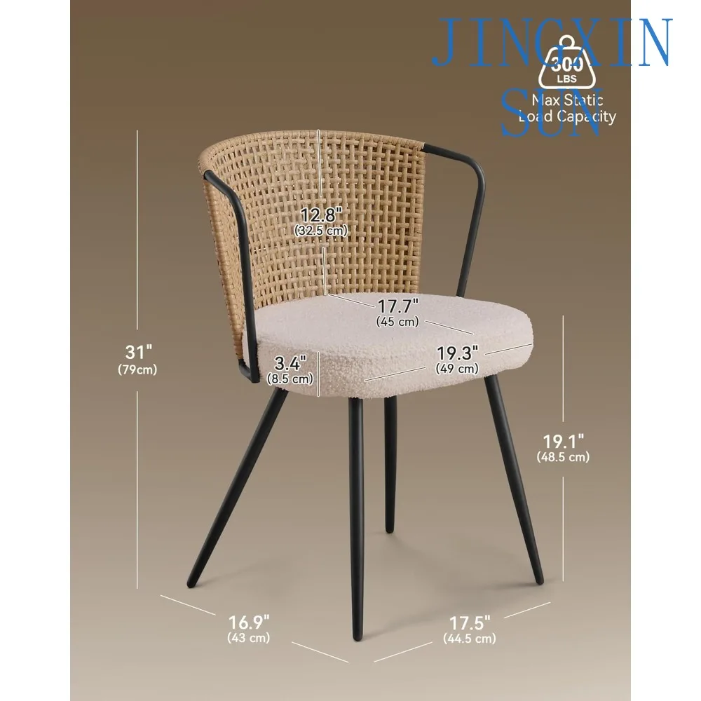 Rattan Dining Chairs Set of 2 - Farmhouse Upholstered Cane Back Kitchen Chair with Boucle Cushion, Wingback Dining Room Seat