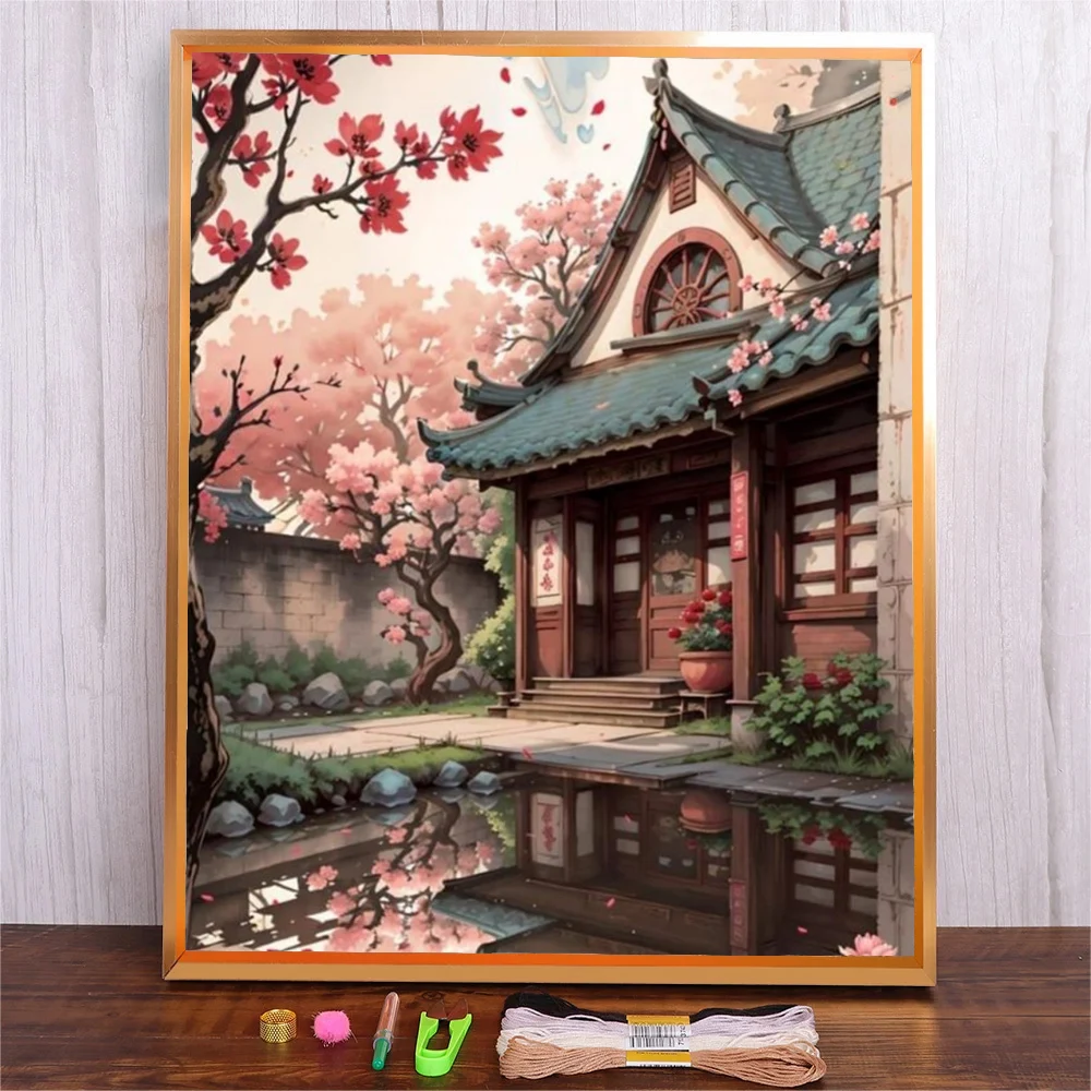 

Sakura House Pattern Cross Stitch Kit 14CT 11CT Full Printed Embroidery DIY Handmade Needlework Decoration Hanging Picture