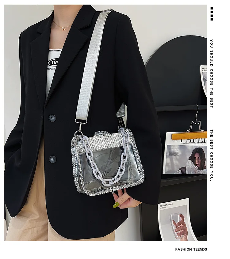 PVC Transparent Shoulder Crossbody Bags Rhinestone Thick Chain Ladies Small Purse and Handbags Fashion Jelly Summer Beach Totes