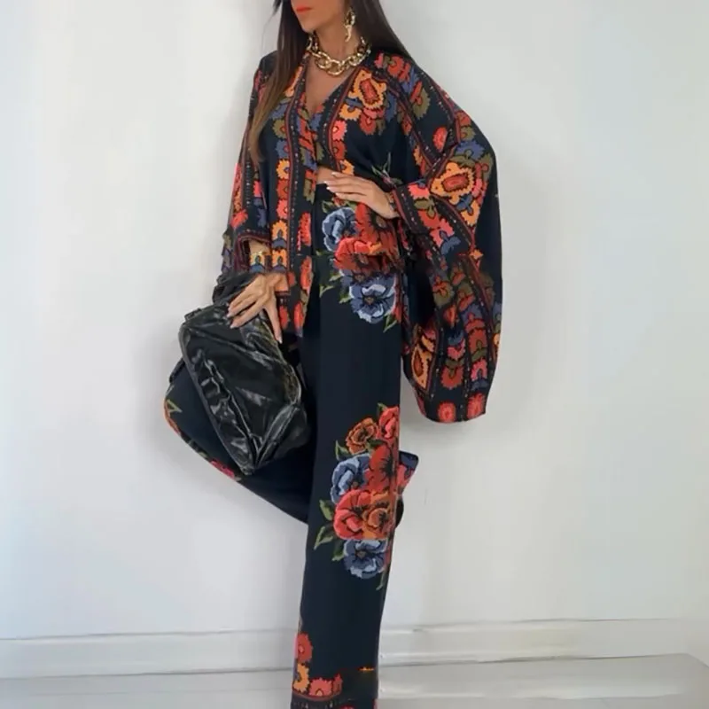 Vintage Graphic Print Flare Sleeve Autumn Set Women Spring V Neck Button Top Wide-leg Pants Outfits Casual Loose Two Piece Suits