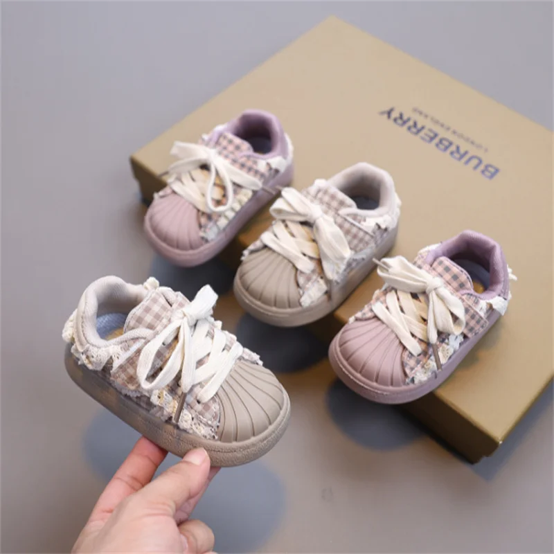 2026 New Autumn Baby Shoes Lace Trim Plaid Toddler Casual Shoes Kids Tennis Soft Sole Fashion little Girls Sneakers EU 16-26