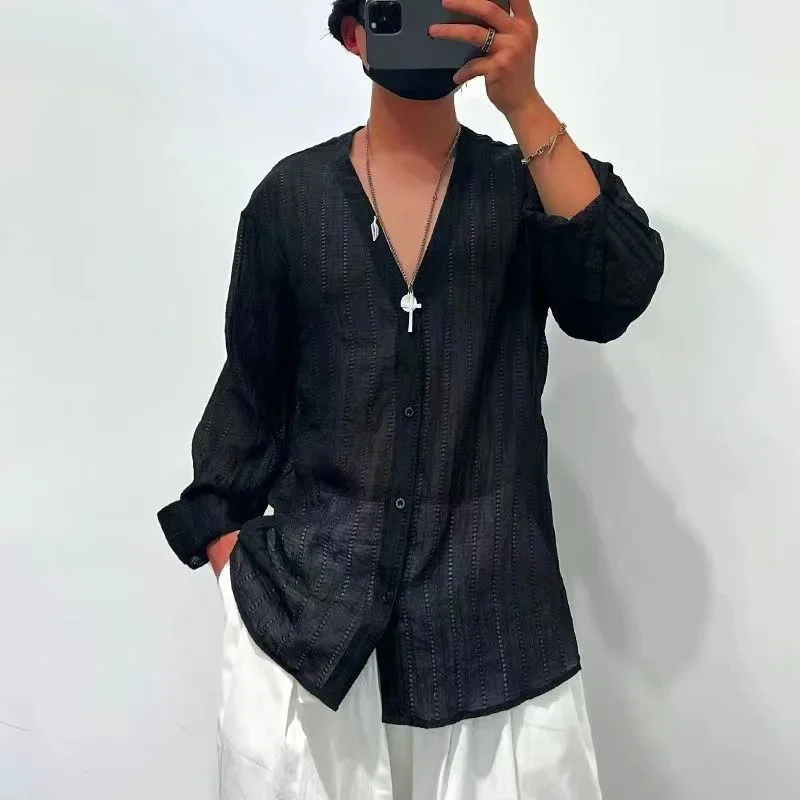 2026 New Spring Men's Lace Textured Long Sleeve Shirt Fashion V Neck Loose Casual Button Down Blouse Streetwear Tops For Men