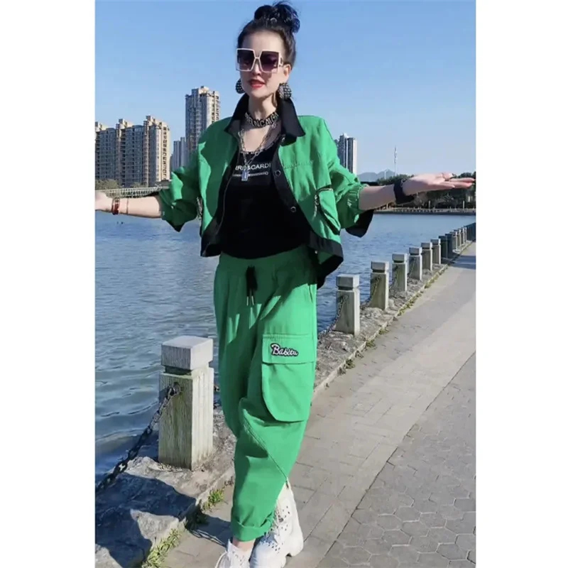 Green Fried Street Long Sleeve Two-piece Suit 2024 Spring and Autumn New Ladies Fashion Big Pocket Design Sense Joker Loose Set