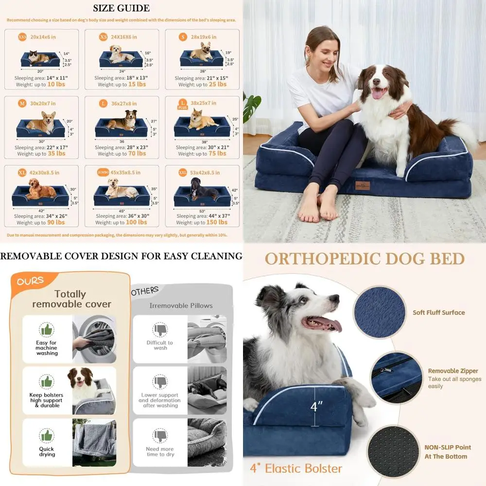 

Большая ортопедическая кровать для собак 38x25, водонепроницаемая пена со съемным подставкой, моющийся чехол, нескользящее основание, темно-синий