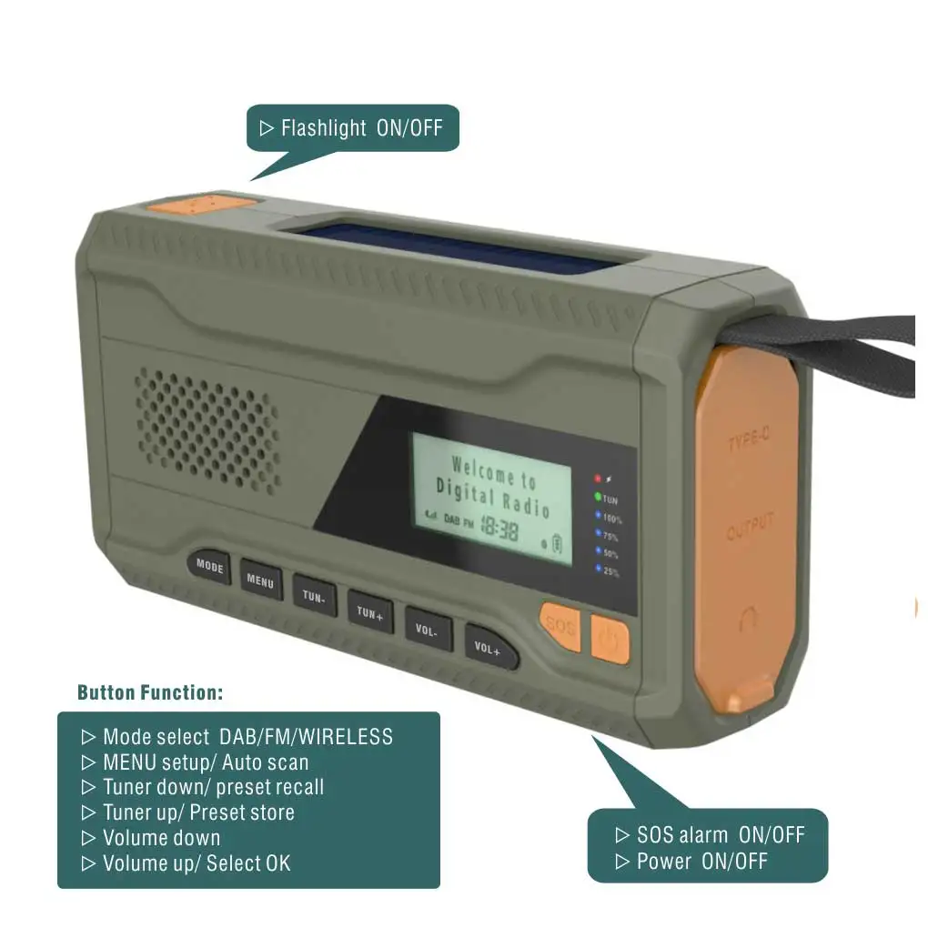 

Digital Display LCD Screen Solar Powered Emergency Tuning Radio with Flashlight Portable Hand Crank Power Bank Phone Charger