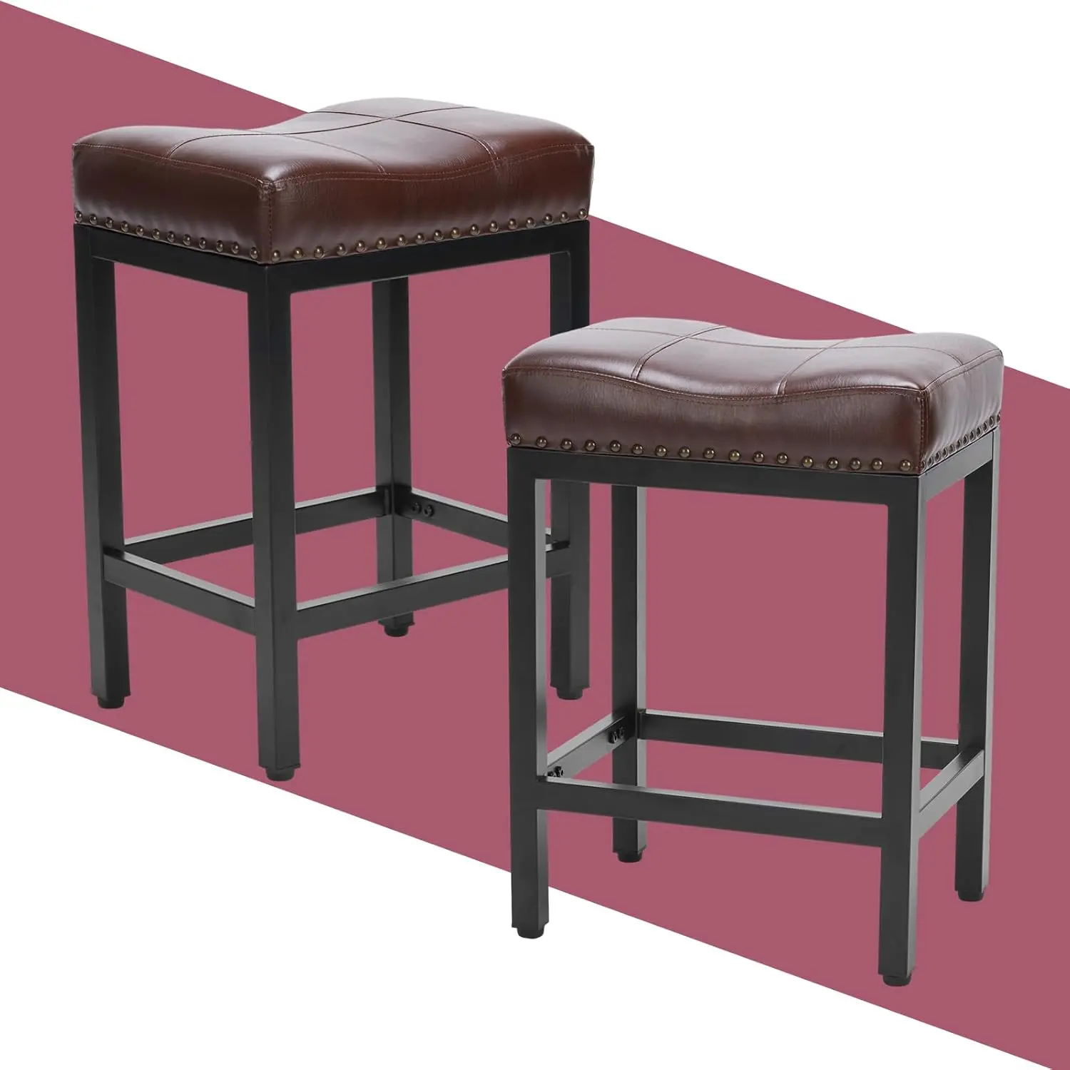 

Bar Stools Counter Height - 24 H Stools, Pu Leather Modern Kitchen Barstools With Metal Base Footrest,Brown,Set Of 2