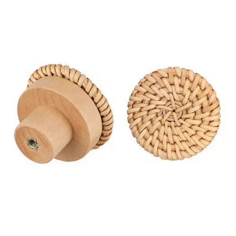 ABMO Wooden Handles Beech Rattan Drawer Knobs Wardrobe Furniture Handle Cupboard Door Handle Dresser Pulls Furniture Hardware
