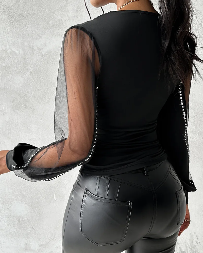 Fashion Sexy Deep V Neck Pullover Shirt Women Tops Elegant Plunge Sheer Mesh Patch Rhinestone Top Blouse Female blusas mujer